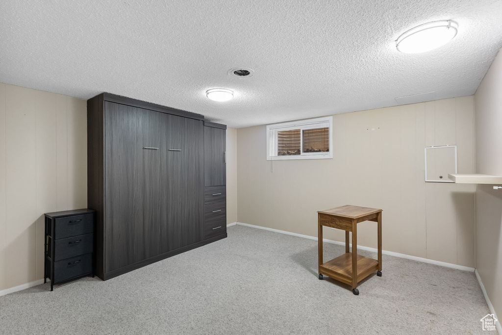 Finished below grade area featuring a textured ceiling and light carpet