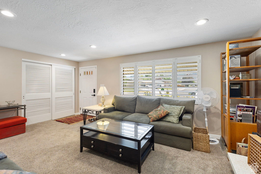 Carpeted living room featuring a textured ceiling and recessed lighting