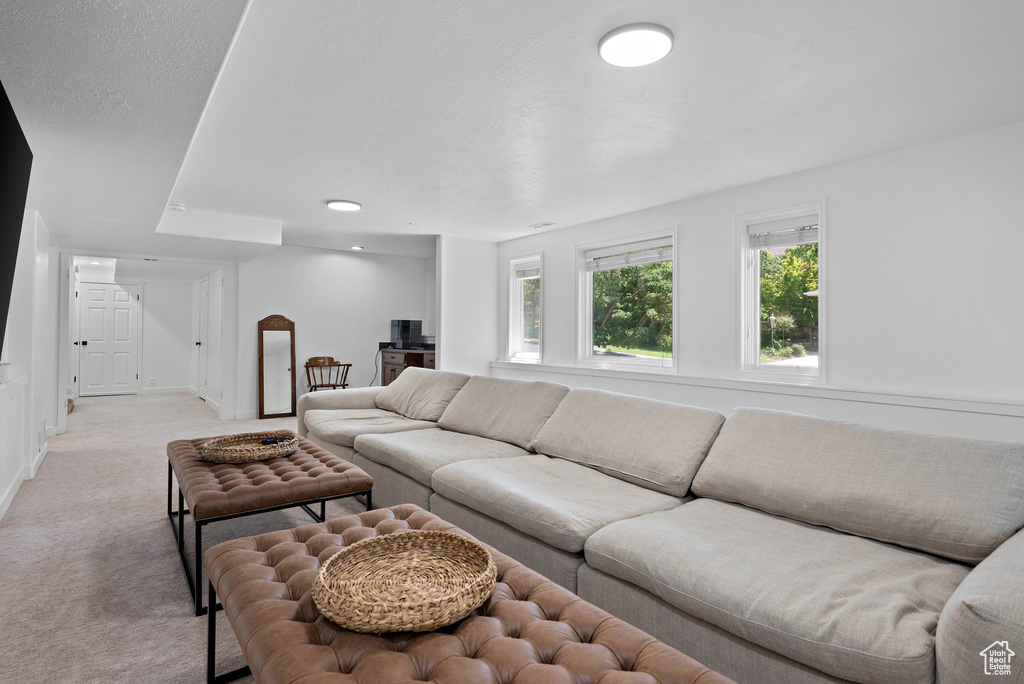 Living area featuring light colored carpet and baseboards