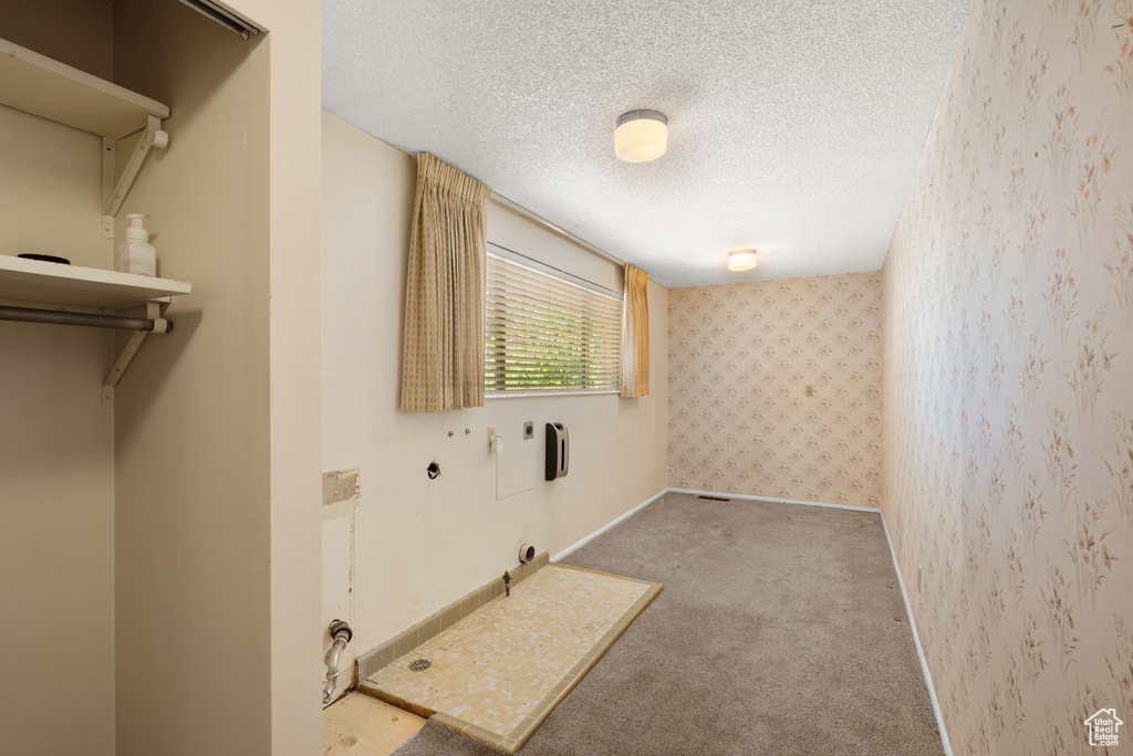 Washroom with a textured ceiling, hookup for a gas dryer, and carpet floors