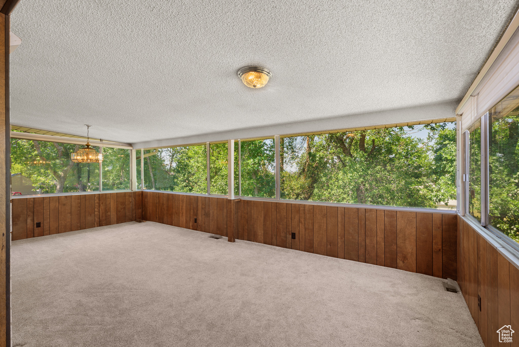 Unfurnished sunroom with wood walls, carpet floors, and a textured ceiling