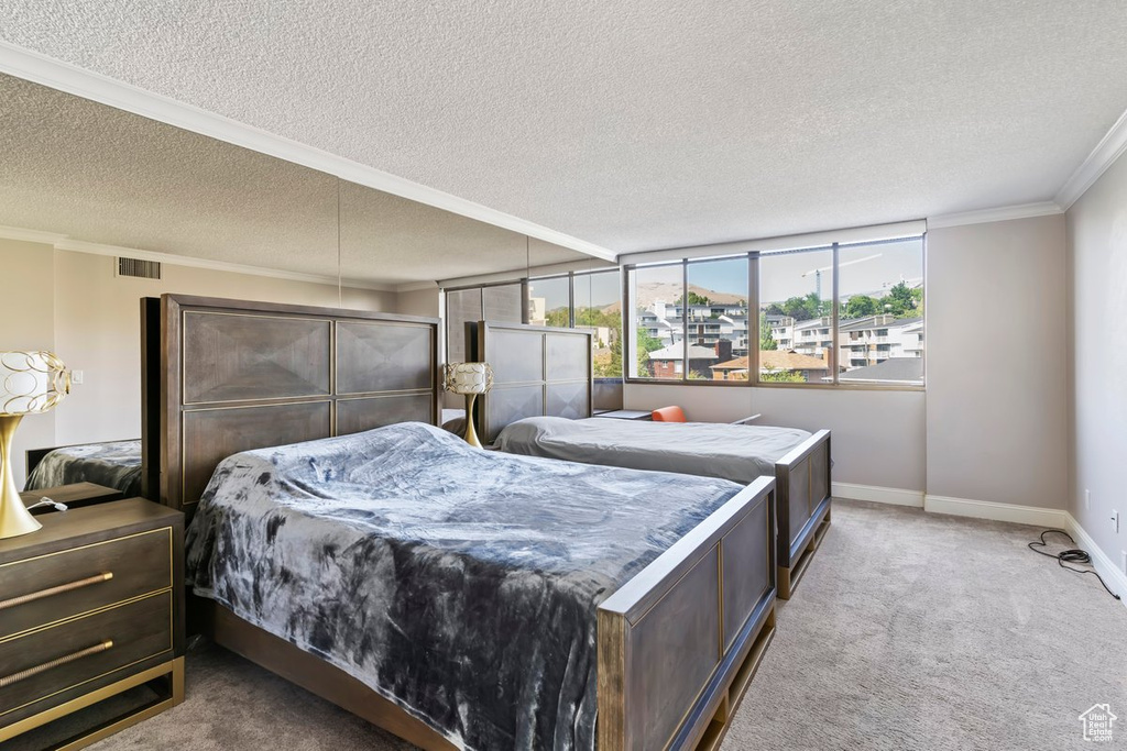 Carpeted bedroom with a textured ceiling and ornamental molding