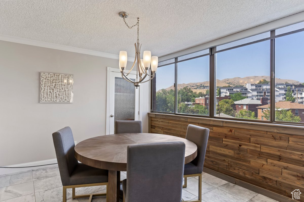 Dining space featuring a chandelier, healthy amount of natural light, a mountain view, a textured ceiling, and ornamental molding