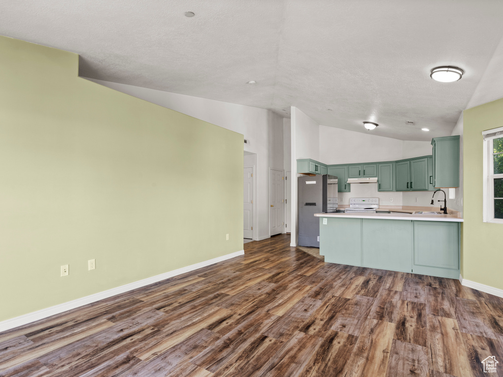 Kitchen with green cabinetry, lofted ceiling, electric stove, a peninsula, and dark wood-style flooring