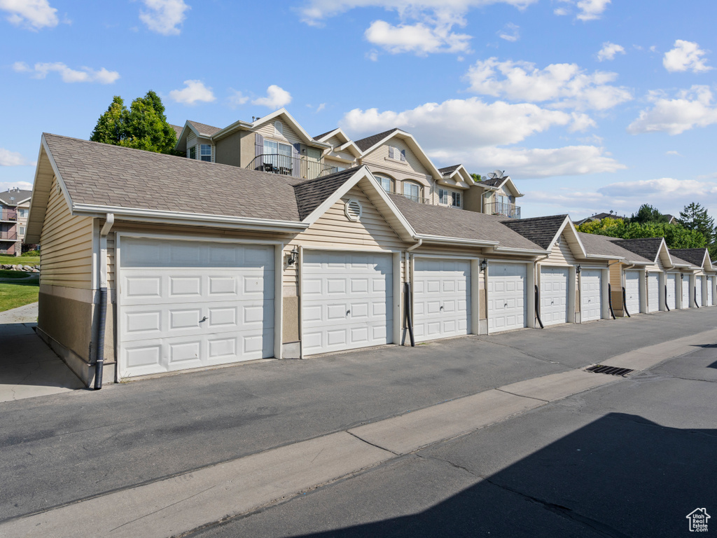 Garage with a residential view