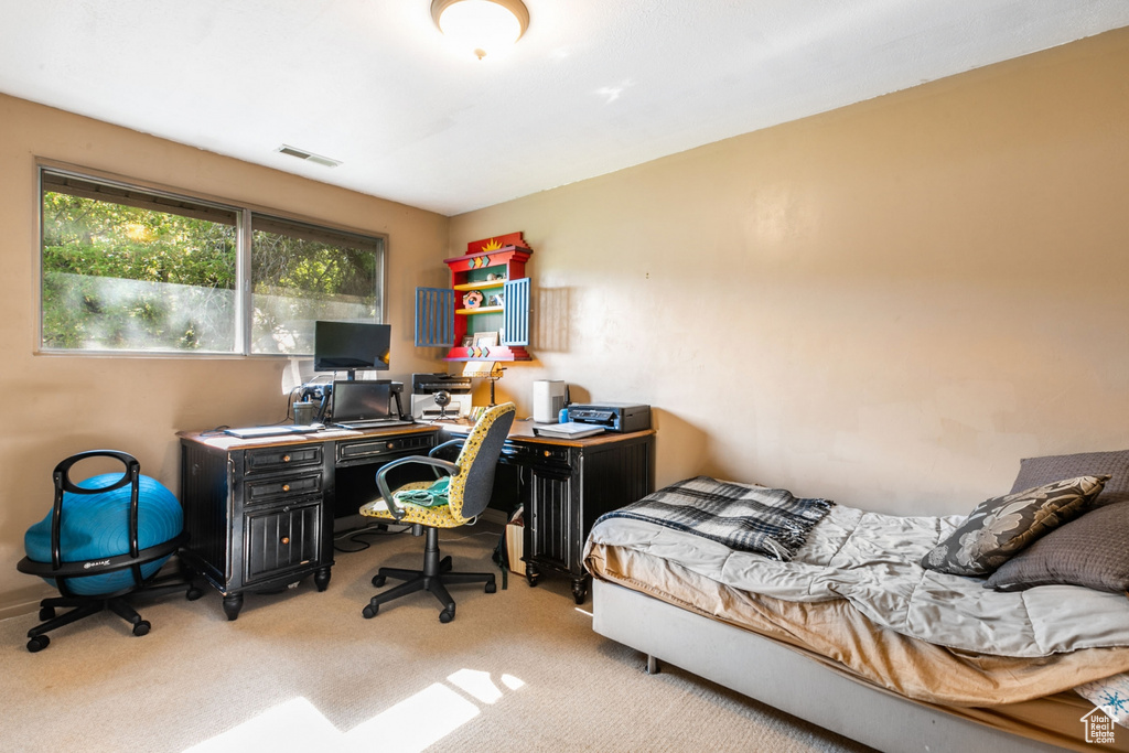 Bedroom with carpet floors and an office area