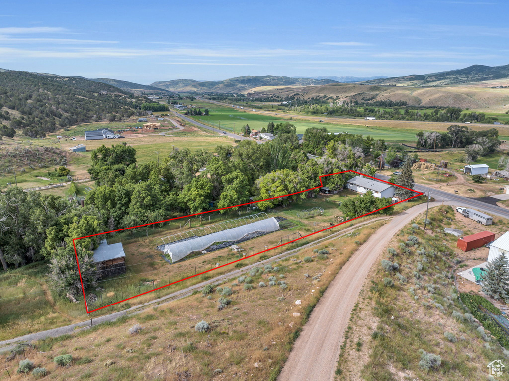 View of rural area featuring property boundaries highlighted and mountains