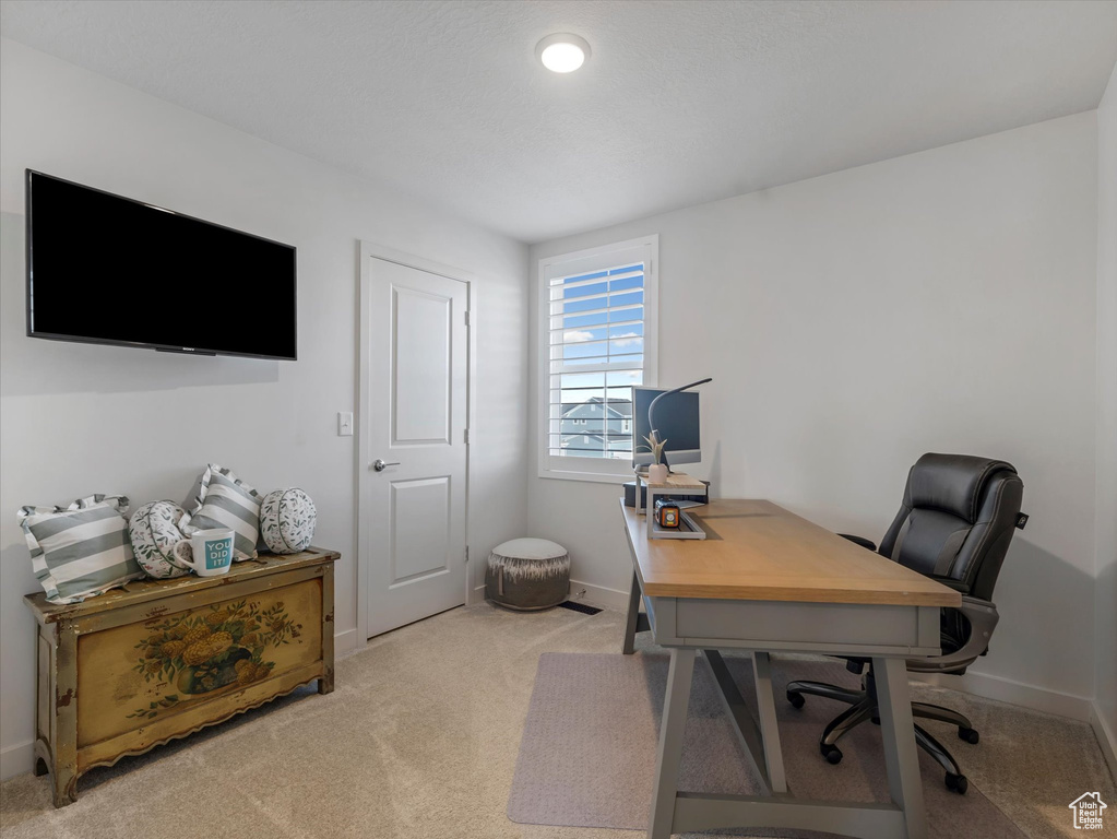 Office with light carpet and baseboards