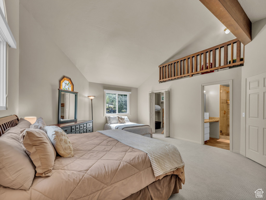 Carpeted bedroom with high vaulted ceiling and ensuite bath