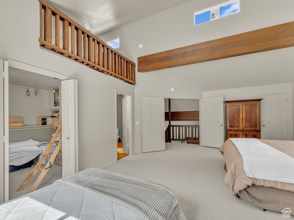 Carpeted bedroom with high vaulted ceiling and multiple windows
