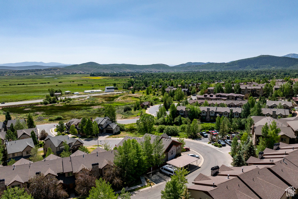Aerial perspective of suburban area featuring a mountainous background