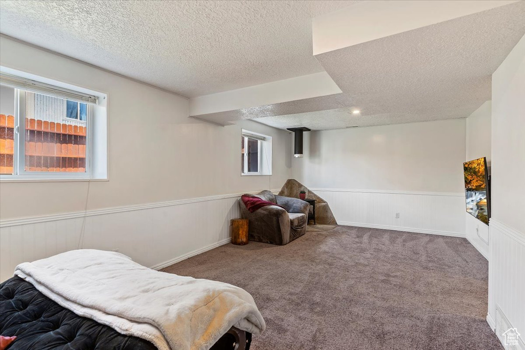 Bedroom featuring a textured ceiling, a wainscoted wall, and carpet floors