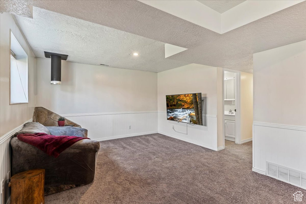 Living area with carpet flooring, wainscoting, a textured ceiling, and a wood stove