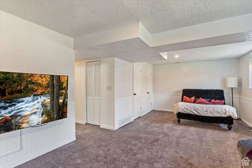 Living area featuring a textured ceiling and carpet floors