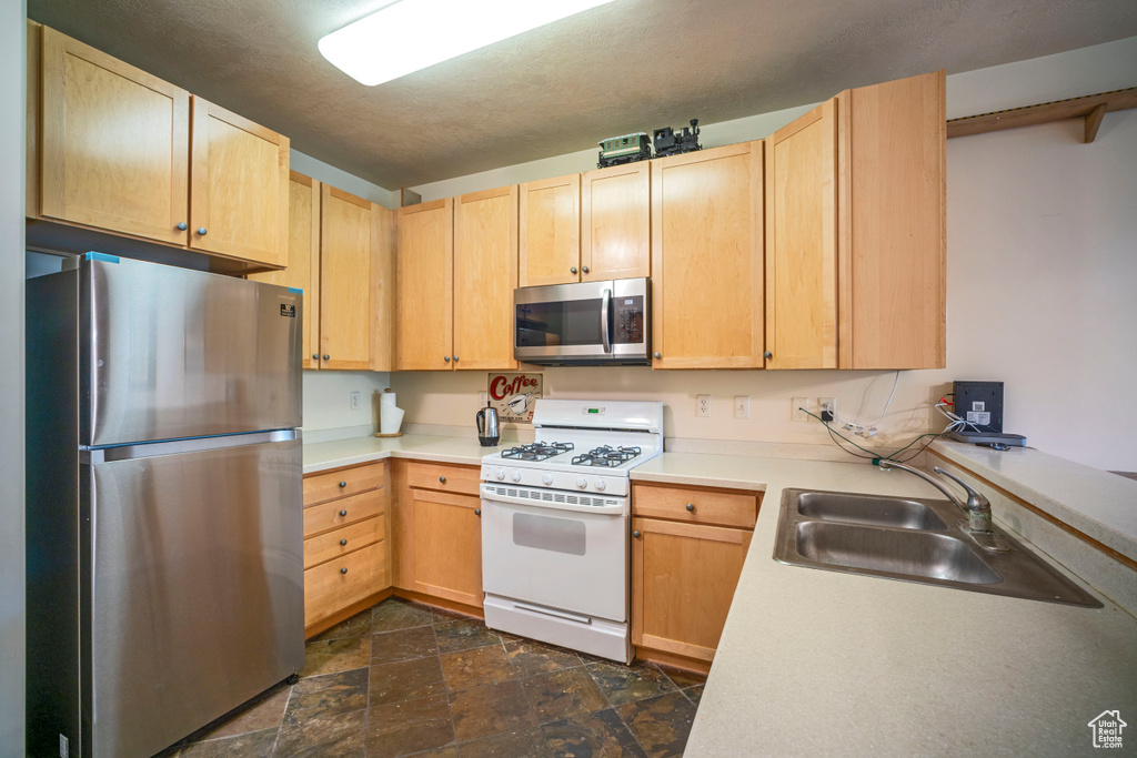 Kitchen with appliances with stainless steel finishes, dark stone finish floors, light brown cabinetry, and light countertops