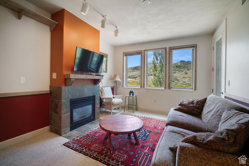 Living area featuring a tiled fireplace and carpet floors