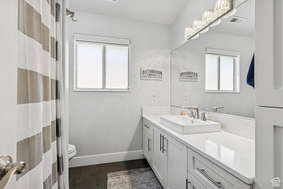 Bathroom featuring vanity and wood finished floors