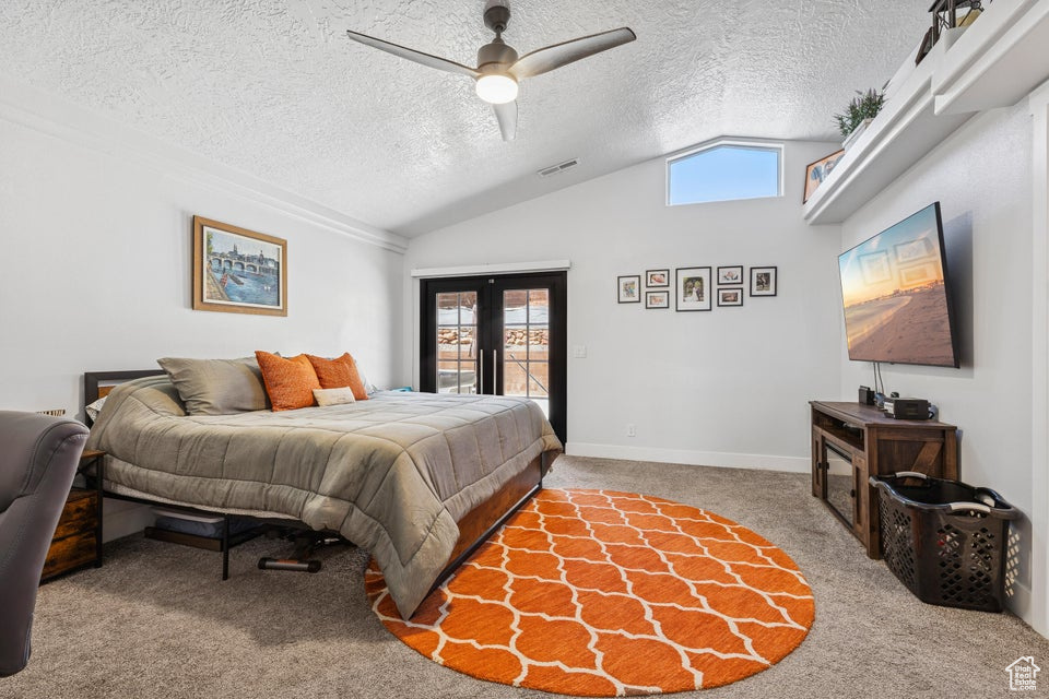 Bedroom with lofted ceiling, access to outside, carpet flooring, multiple windows, and a textured ceiling