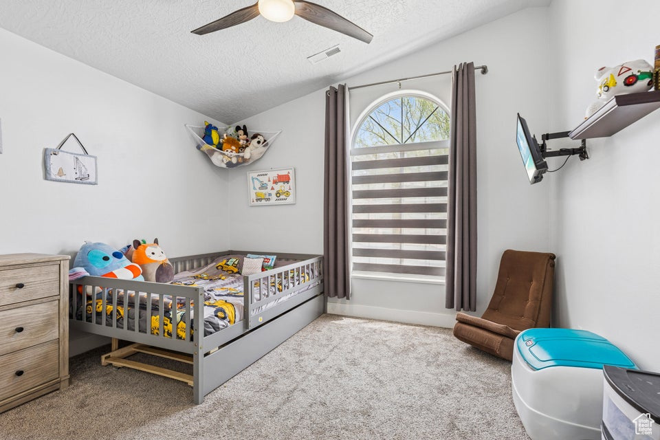 Carpeted bedroom with vaulted ceiling, a textured ceiling, and a ceiling fan