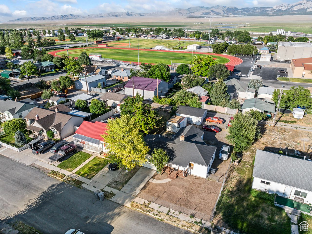 Aerial view of residential area with mountains