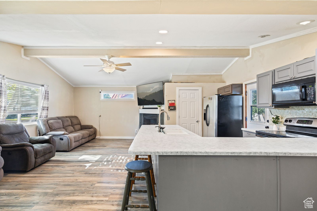 Kitchen with stainless steel appliances, gray cabinetry, light wood-type flooring, healthy amount of natural light, and crown molding