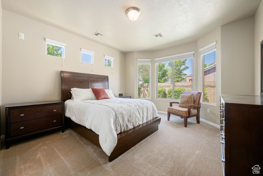 Bedroom with baseboards and light carpet