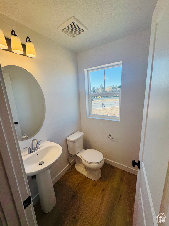 Bathroom with wood finished floors and a textured ceiling