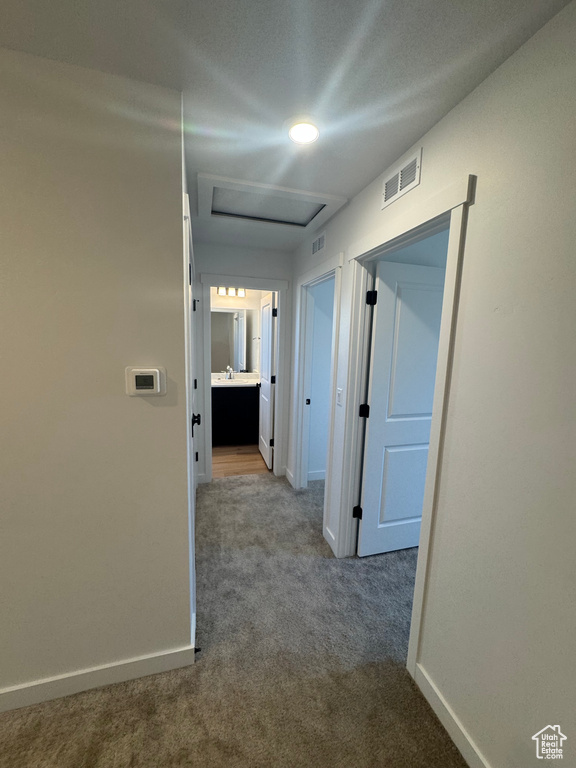 Corridor featuring attic access and carpet flooring