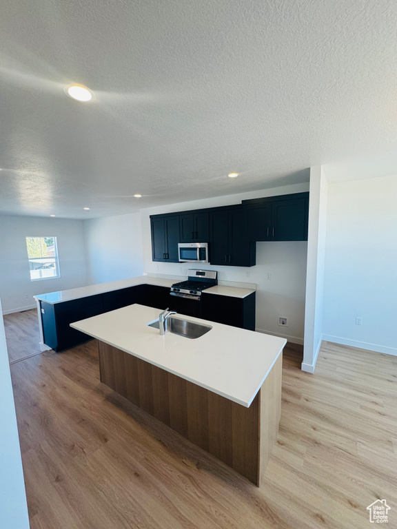 Kitchen featuring stainless steel appliances, an island with sink, light wood finished floors, a textured ceiling, and dark cabinets