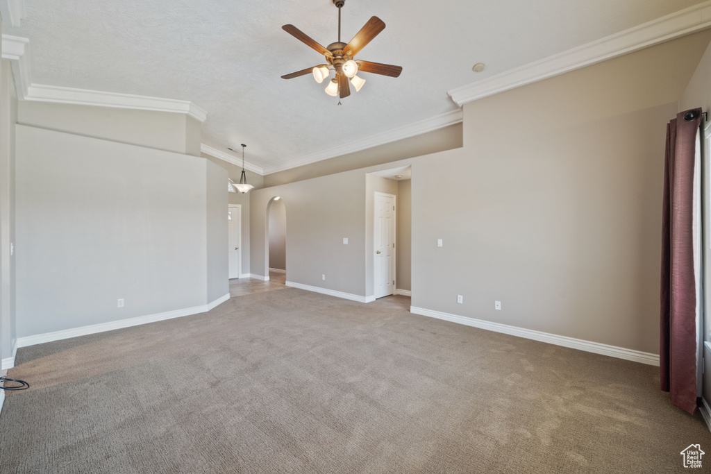 Carpeted spare room featuring a ceiling fan, ornamental molding, arched walkways, and lofted ceiling