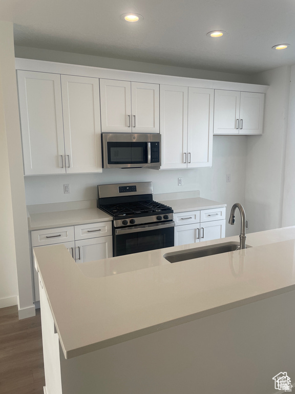 Kitchen with stainless steel appliances, recessed lighting, dark wood finished floors, white cabinets, and light countertops