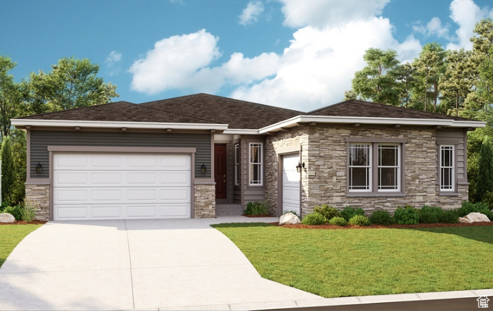 Ranch-style house with stone siding, a front yard, and driveway