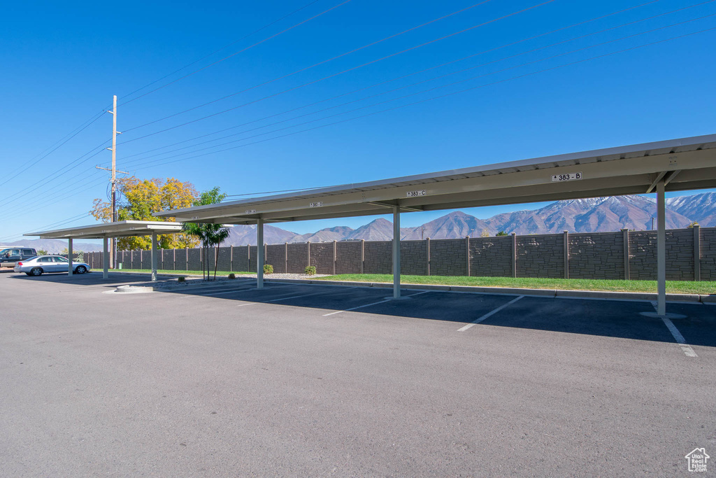 Covered parking lot with a mountain view