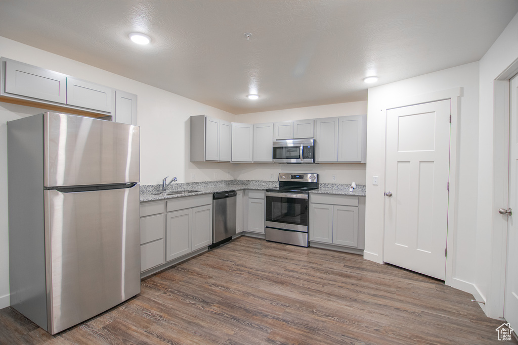 Kitchen with stainless steel appliances, gray cabinets, and recessed lighting