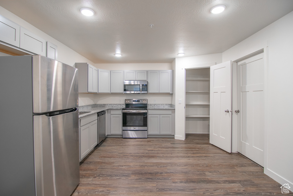 Kitchen featuring stainless steel appliances, dark wood-style floors, gray cabinets, recessed lighting, and light stone countertops