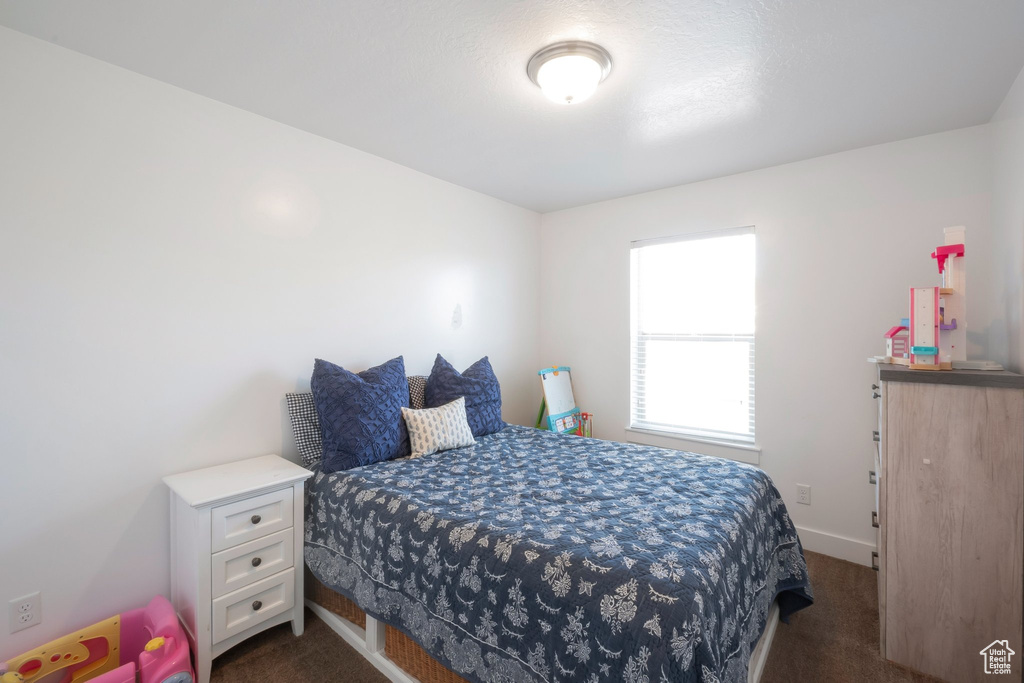 Bedroom with dark colored carpet