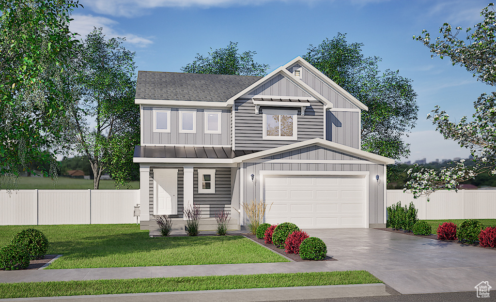 View of front of property featuring driveway, an attached garage, a standing seam roof, a porch, and board and batten siding