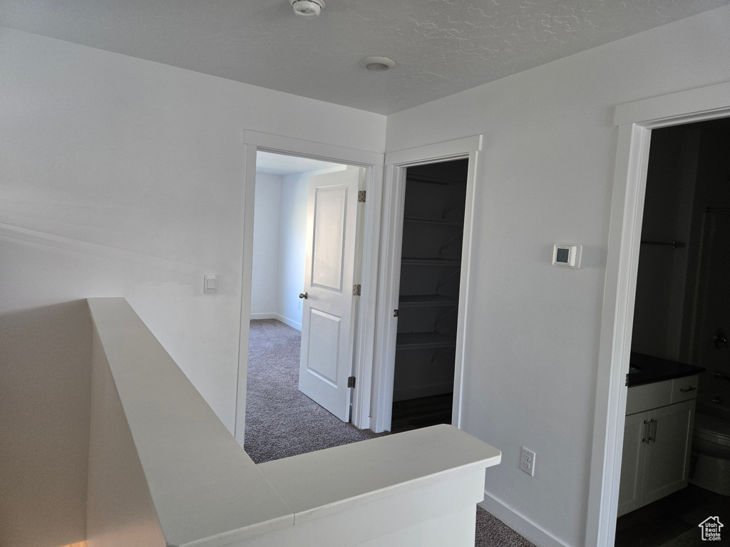 Hallway with dark carpet