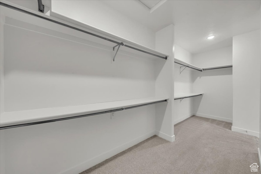 Spacious closet with light colored carpet