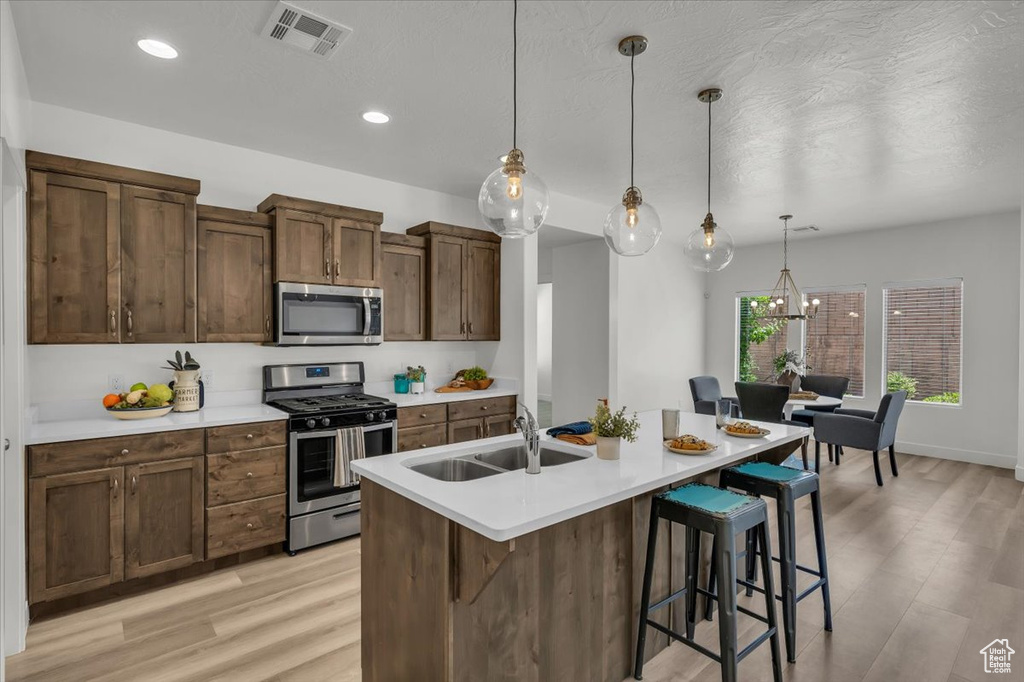 Kitchen featuring appliances with stainless steel finishes, light wood-style floors, a breakfast bar area, light countertops, and pendant lighting