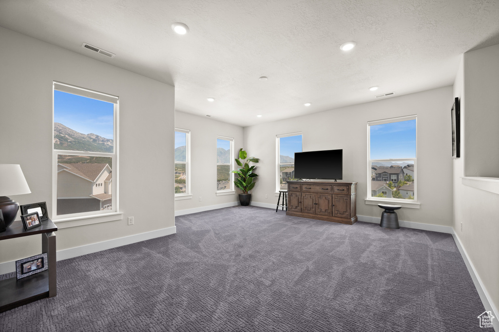 Living room featuring carpet flooring and recessed lighting