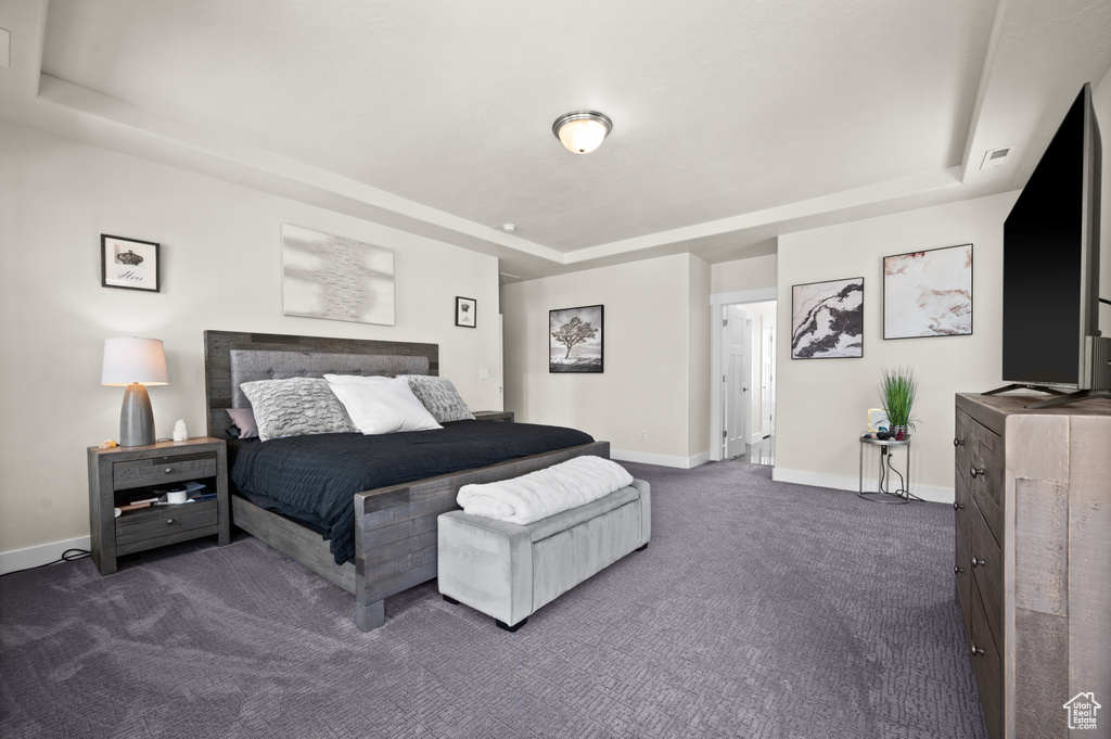 Bedroom featuring a raised ceiling and dark carpet