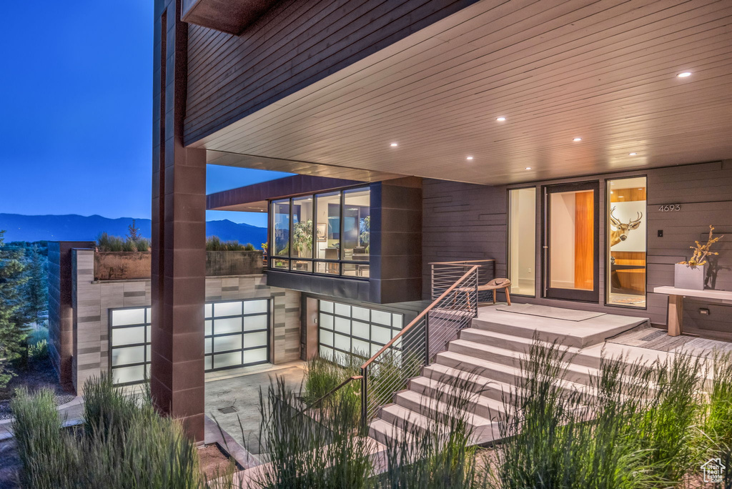 View of patio with a mountain view