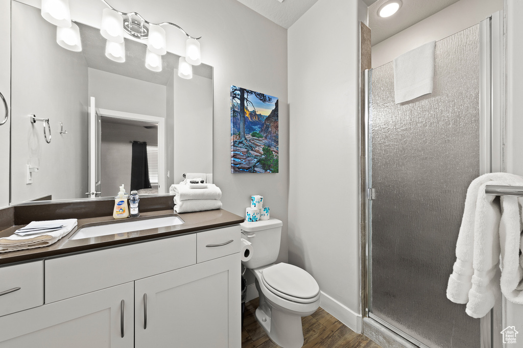 Full bathroom with a shower stall, wood finished floors, and vanity