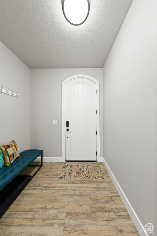 Foyer entrance featuring light wood-style flooring and a textured ceiling