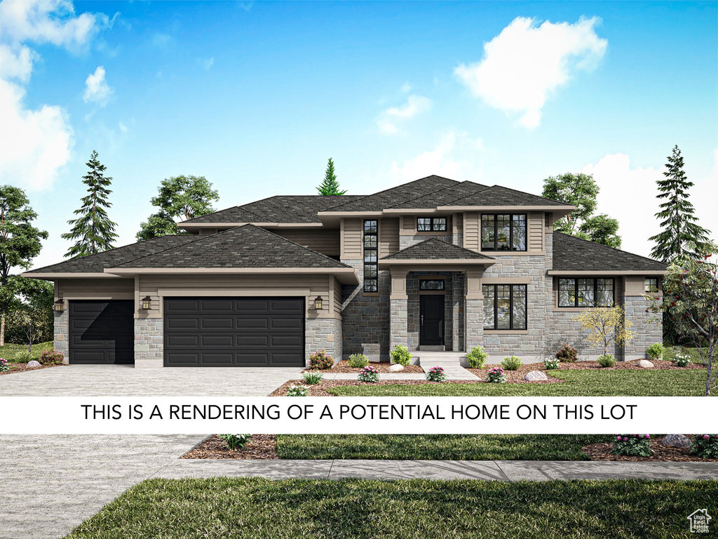 Prairie-style house with stone siding, a garage, and decorative driveway