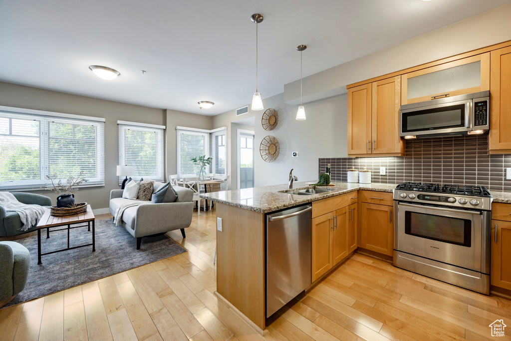 Kitchen with stainless steel appliances, open floor plan, and light wood-type flooring
