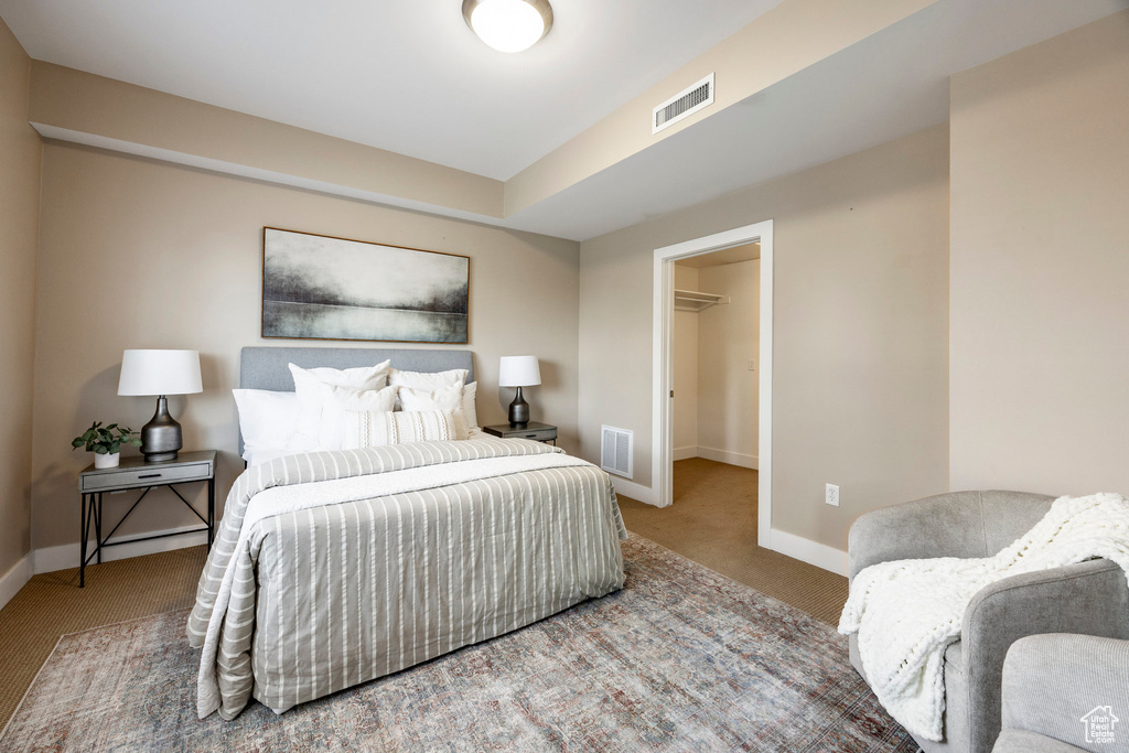 Carpeted bedroom featuring baseboards and a walk in closet