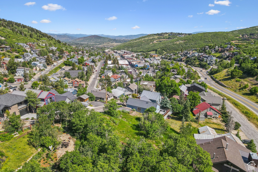 Aerial perspective of suburban area with mountains