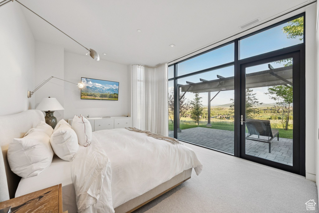 Carpeted bedroom featuring expansive windows and access to outside